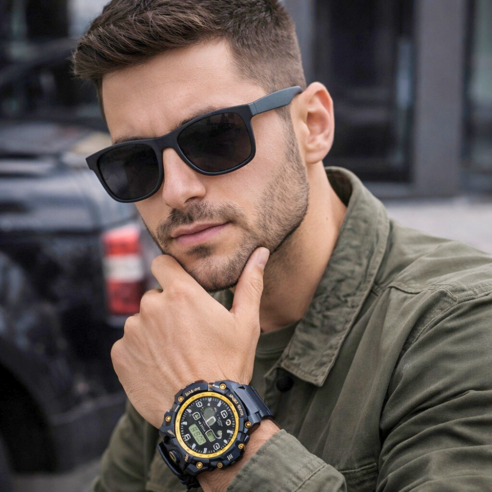 Kit Oculos de Sol Polarizado Preto com Proteção UV400 + Relogio Esportivo Robusto Presente Perfeito