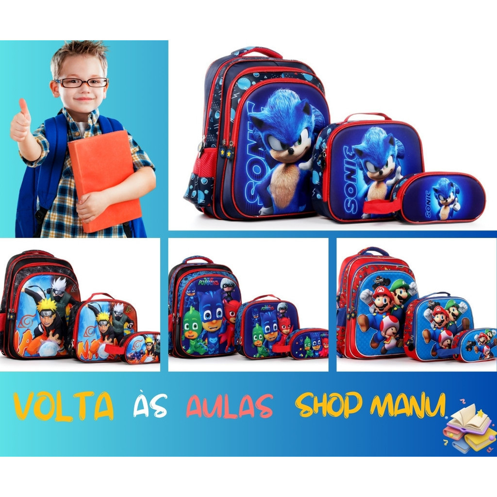kit mochila costas escolar infantil estojo e lancheira termica personagens menino menina resistente