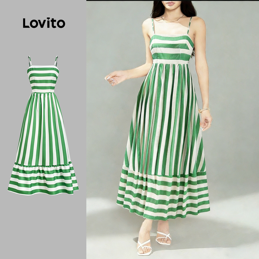 Lovito  Vestido Casual Ombro Frio com Zíper em Tecido Costurado Primavera/verão Verde para Mulheres LBL32184 em Oferta na Shopee