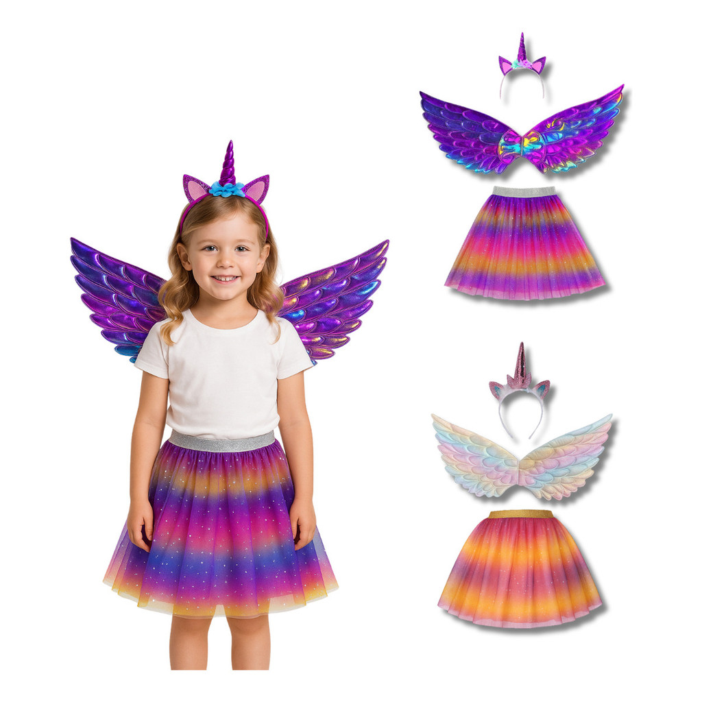 Fantasia Unicórnio Infantil com Saia de Tule, Tiara e Asas Coloridas para Festa e Aniversário em Oferta na Shopee