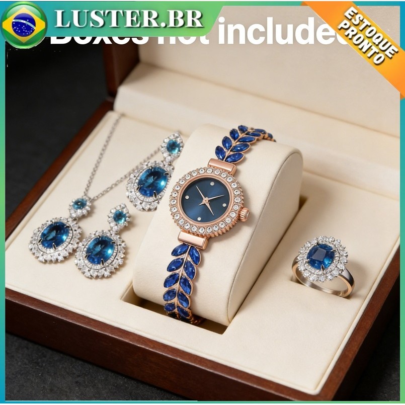 Conjunto Relógio Feminino + Joias Luxuoso Azul Cristal Strass - Colar, Brincos, Anel ,Ideal para Presentes