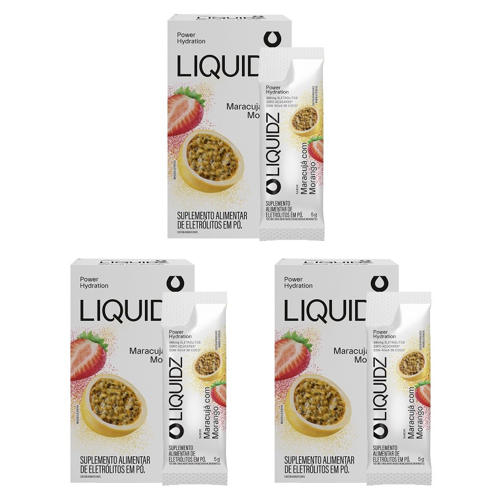 LIQUIDZ® - Eletrólitos Zero Açúcares - Maracujá com Morango - Kit 3 Caixas - 18 sachês