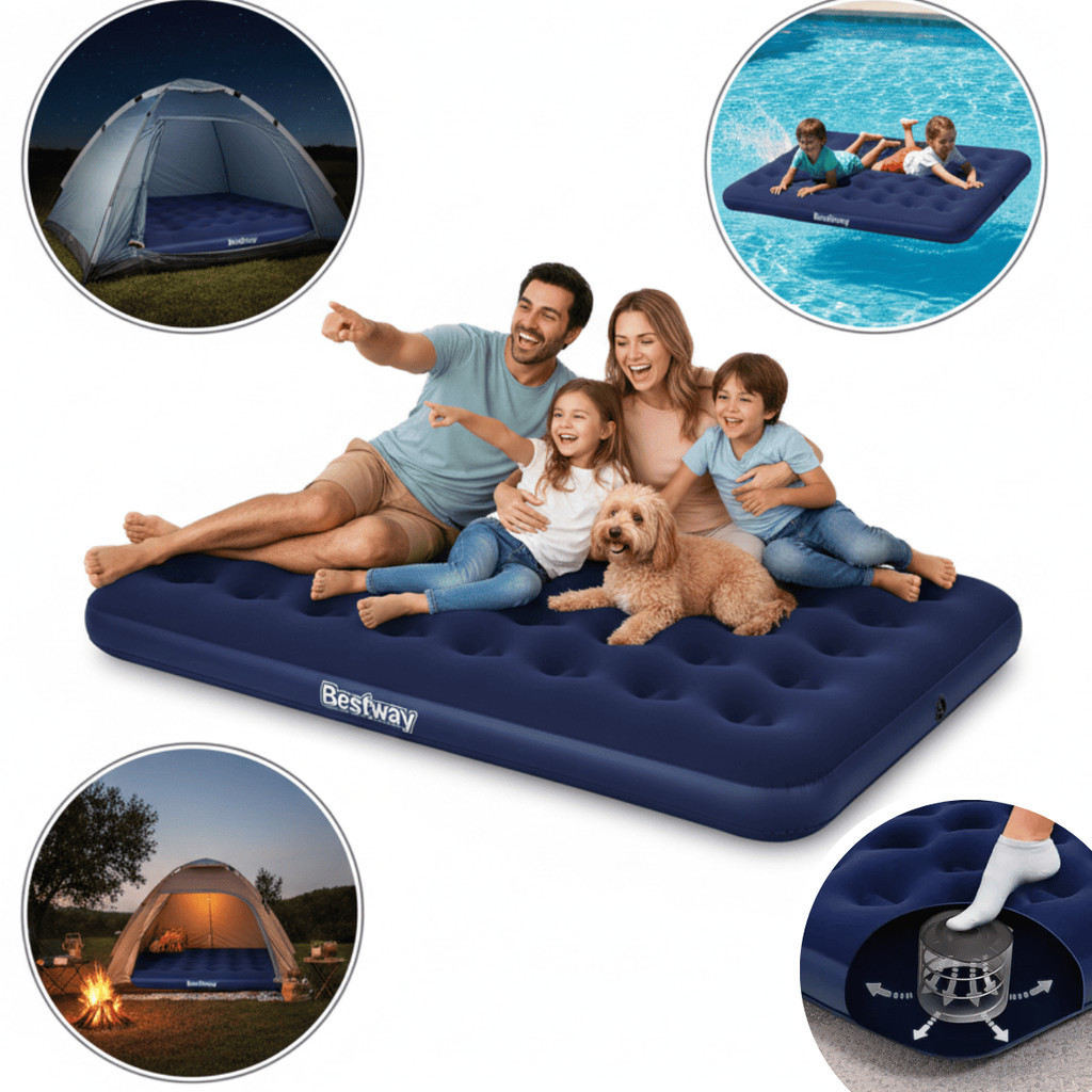 Colchão Casal Bestway Inflável Bomba Embutida Encher Com Pé Confortável Azul Aveludado Praia Camping