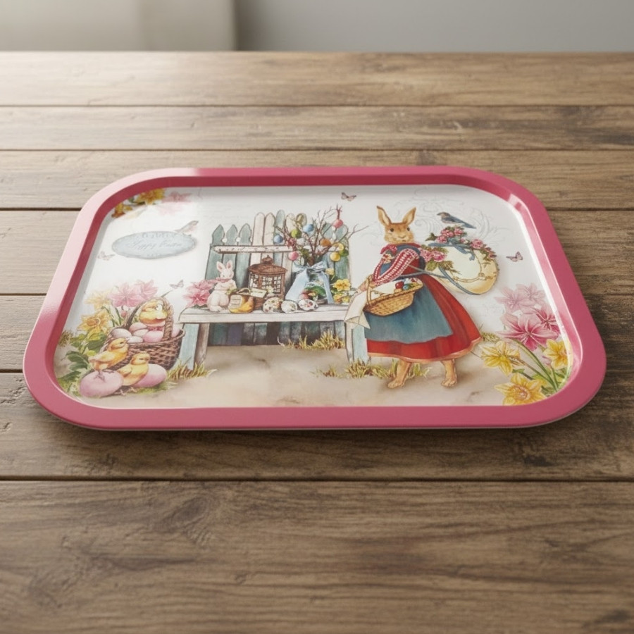 Bandeja Decorativa de Páscoa - Coelha de Vestido Vermelho - Rosa - 37x25,5cm - 1 unidade - Rizzo