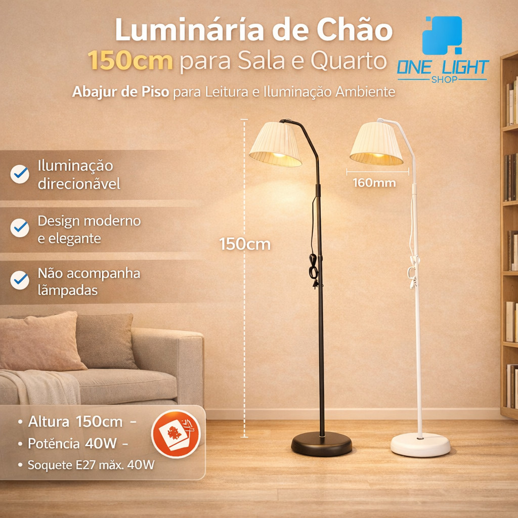 Luminária de Chão 150cm para Sala e Quarto | Abajur de Piso para Leitura e Iluminação Ambiente