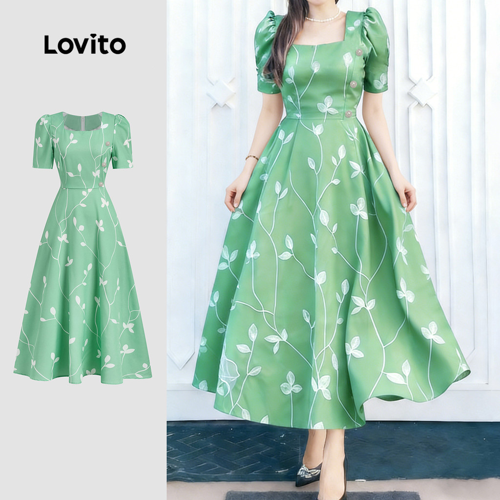 (Elegante) Lovito Vestido com Zíper Franzido Primavera/verão Verde para Mulheres