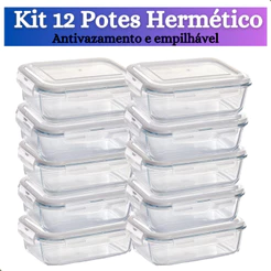 Kit de 3 até 12 Pote de Vidro hermético com tampa antivazamento 370 ml, 600, 1040 ml Marmita Papinha