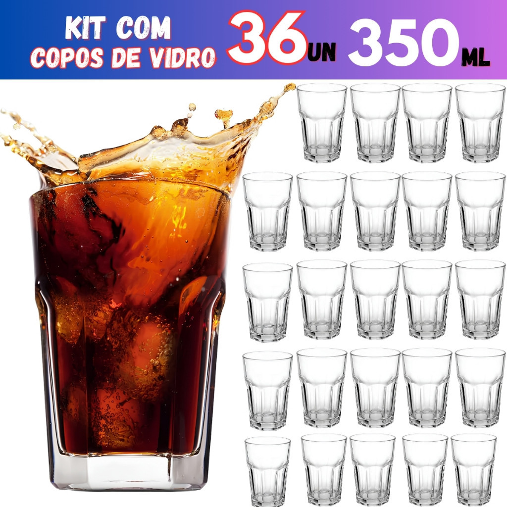 Kit Copos De Vidro Reforçado Grosso 350ml Para Suco Água Refrigerante Vitamina Restaurantes de 3 até 24 unidades