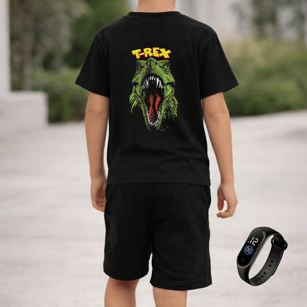 Conjunto de roupa infantil masculino criança camiseta e bermuda com relógio Dinossauro Rex