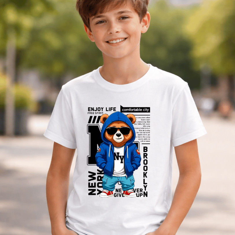 Camiseta Infantil/Juvenil Masculina 100% Algodão Estampada Urso Estampa DTF Confortável