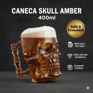 Caneca Caveira De Vidro Ambar Rock Viking Bebidas Chopp Cerveja Style 400ml 11,5x11