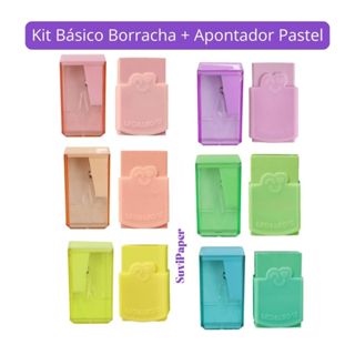 Kit Escolar Básico Apontador Pequeno com Depósito + Borracha com Capa Tom Pastel Léo e Léo em Oferta na Shopee