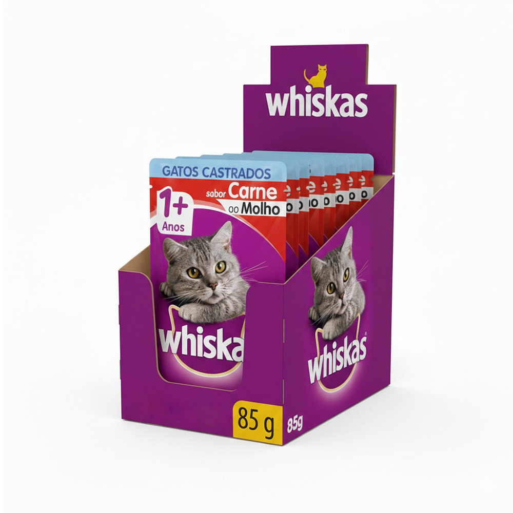 Ração Úmida Whiskas Sachê Carne ao Molho para Gatos Adultos Castrados - 20 unidades de 85g em Oferta na Shopee