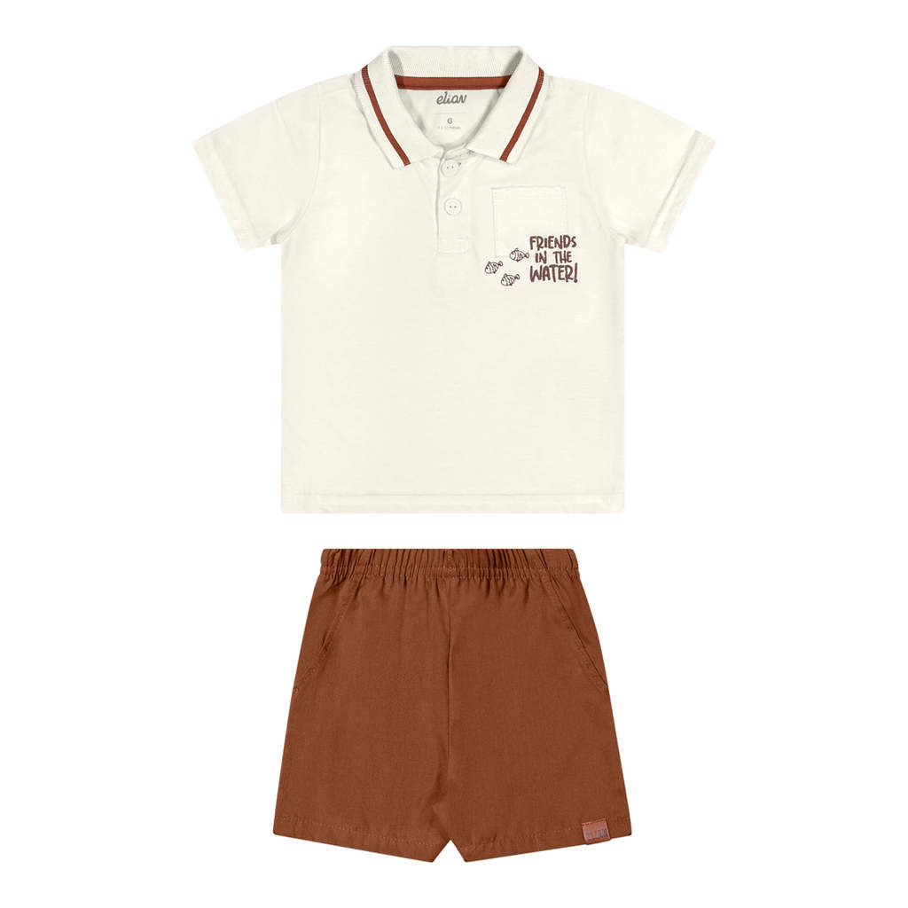 Conjunto Bebê Menino Polo Peixinhos Elian Bege em Oferta na Shopee