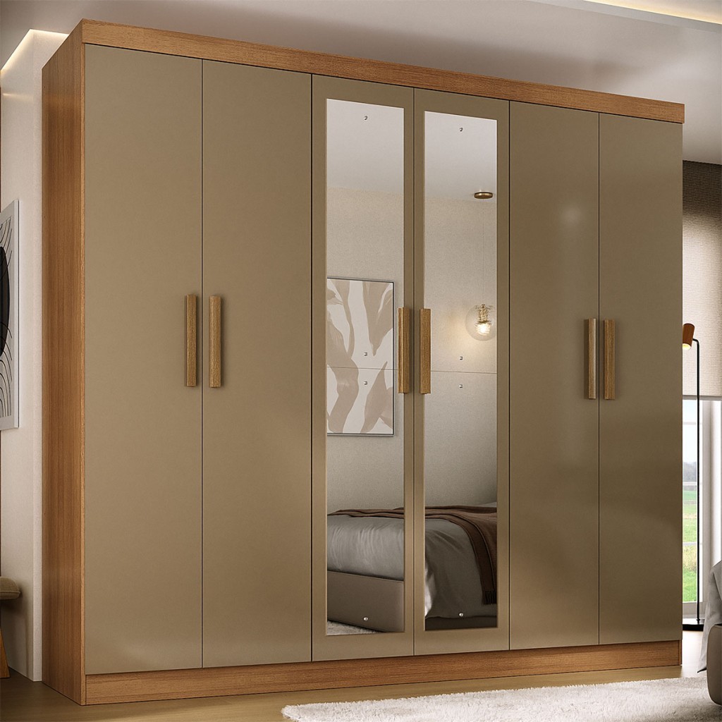 Guarda-Roupa Solteiro Lancaster 6 Portas 3 Gavetas 100% Mdf com Espelho Cinamomo/Cappuccino - Panorama Móveis em Oferta na Shopee