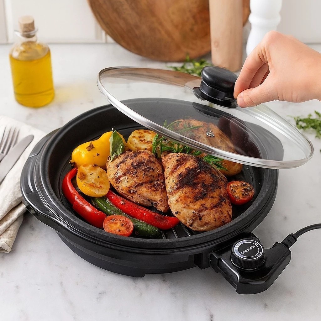 Grill Elétrico Redondo Preto 127V 220V Churrasqueira Grelhador Carne Legumes Assadeira Cozinha