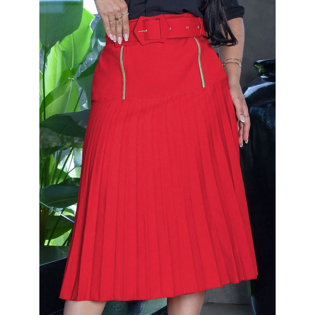 Saia Feminina Evasê Midi Plissada com Ziper Cinto Forrada Moda Evangelica Moderna Crista Modesta Executiva