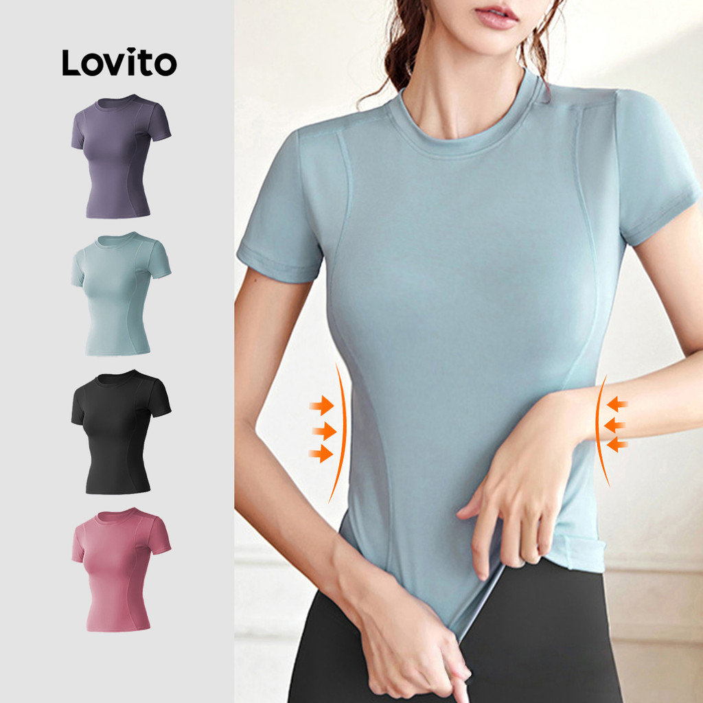 Lovito Camiseta Esportiva Esportiva Yoga Gola Redonda Academia Camisa Dri Fit Corrida Roupa de Treino LNA133023 em Oferta na Shopee
