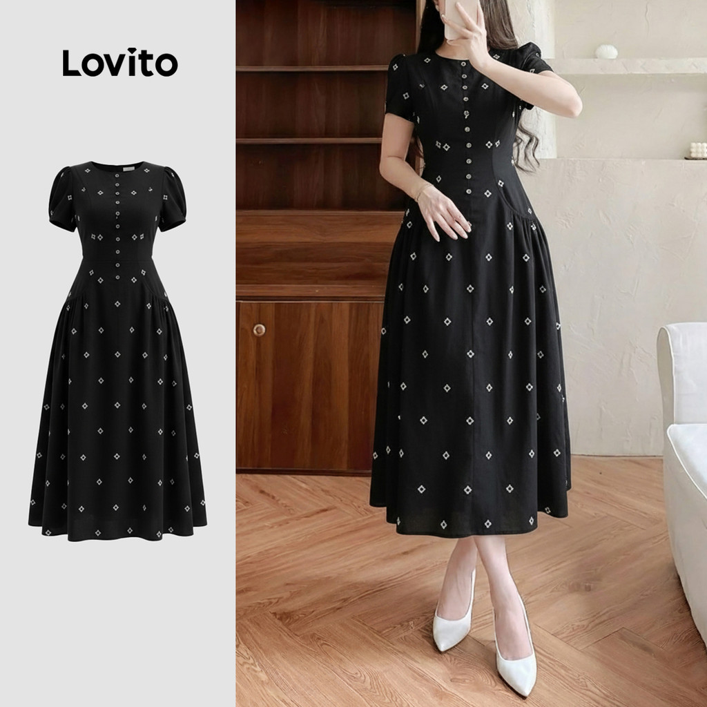 (Elegante) Lovito Vestido Social Com Botão Primavera/Verão Vestido Preto Para Mulheres LK3LD468