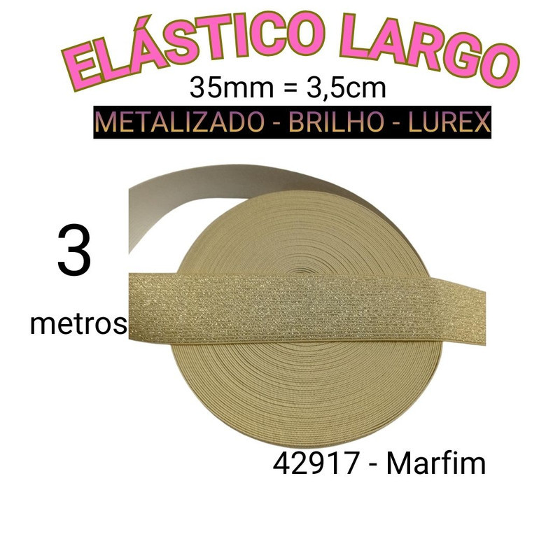Elástico Brilho 35mm=3,5cm Marfim Lurex Largo Metalizado 5M 10M 20M 35mm para cós colorido cueca saias 42917