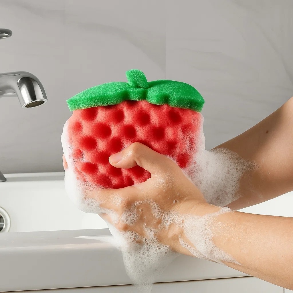Esponja de Banho em Formato de Fruta Vermelha Macia para Esfoliação e Higiene Corporal achadinho