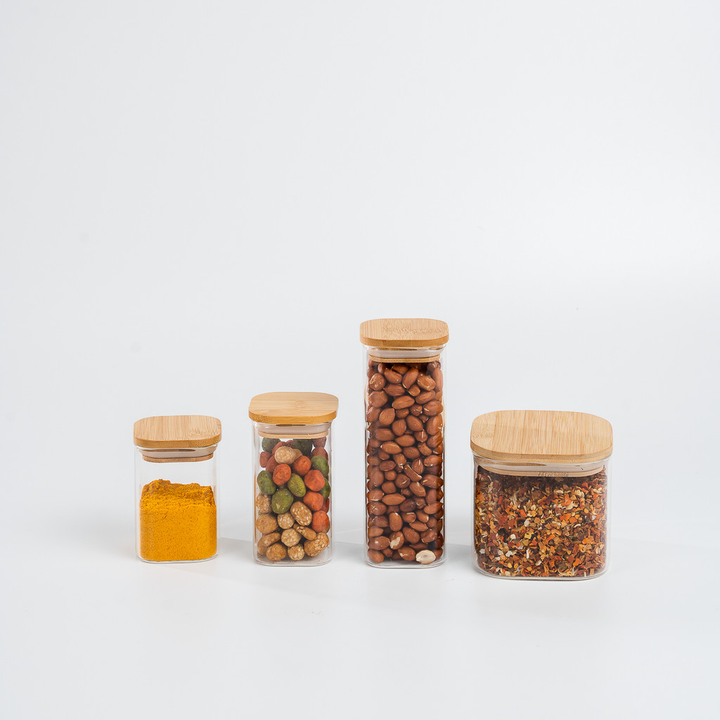 Kit de Pote Hermético de Vidro Quadrado com Tampa de Bambu 4 Peças - Oikos em Oferta na Shopee