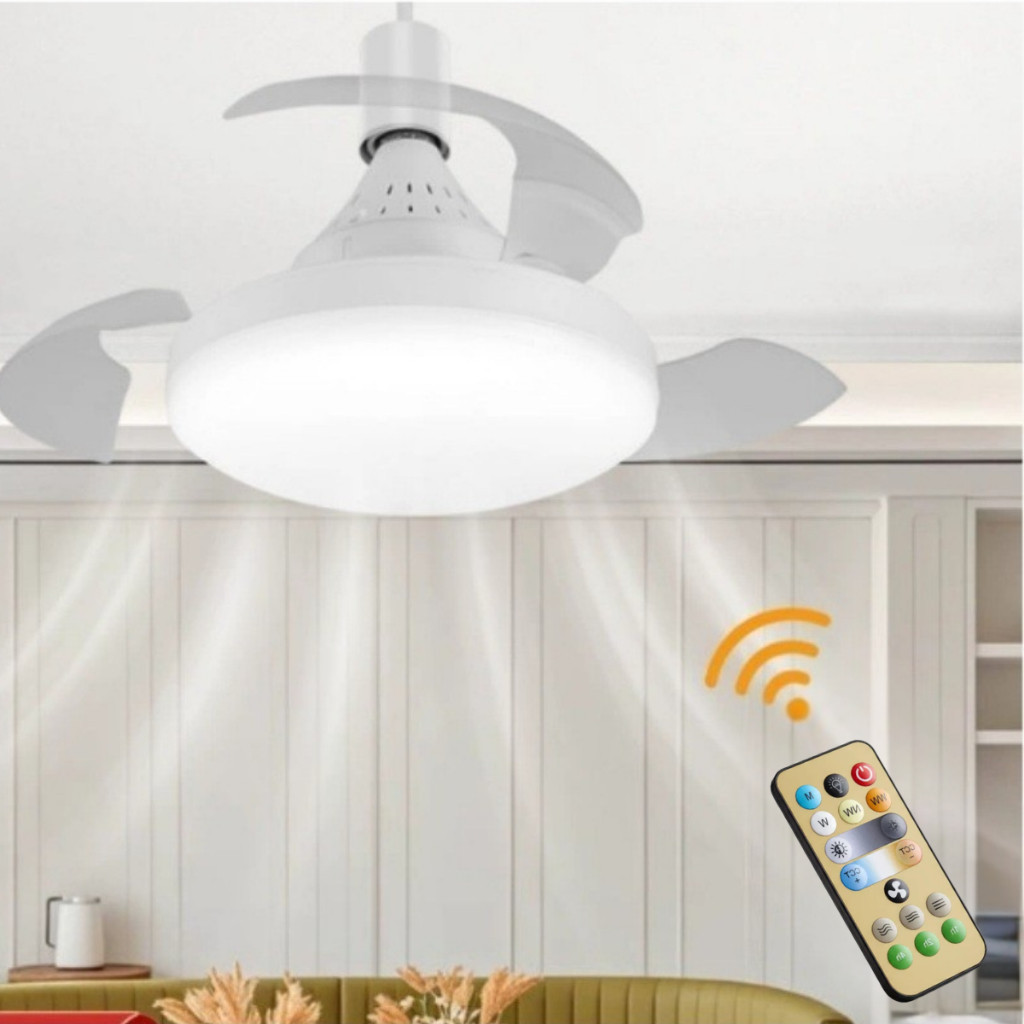 Ventilador de Teto Retrátil 80W com Lâmpada 3 Cores E27 Silencioso Bivolt Controle Remoto