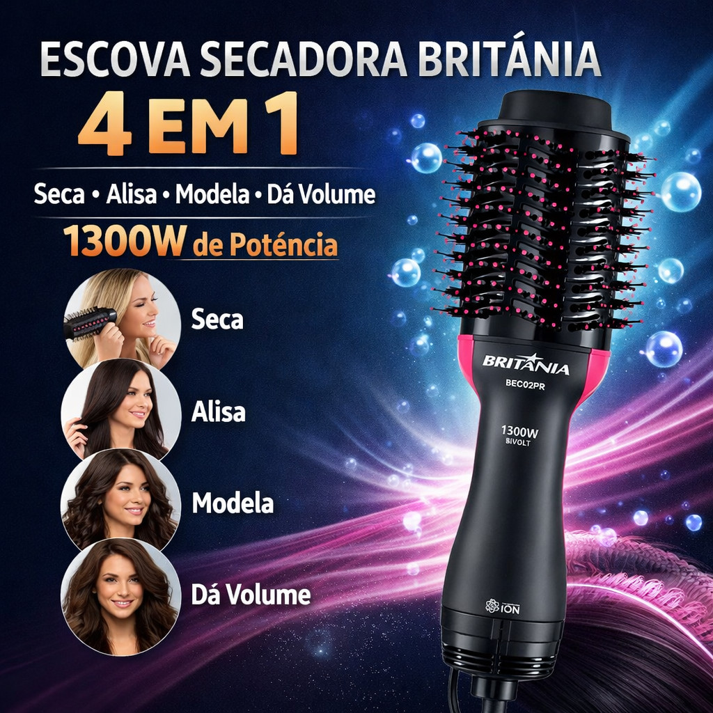 Escova Secadora Britânia BEC02PR 4 em 1 Bivolt 1300W Seca Alisa Modela e Dá Volume Cerâmica Íons Anti Frizz