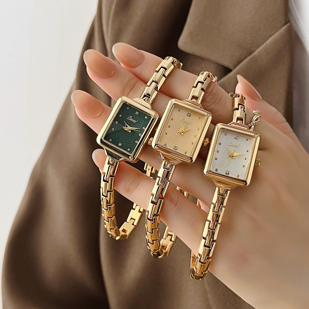 Senhoras relógio pulseira relógio pequeno Retro pequeno relógio de ouro retangular luz luxo literário relógio de quartzo