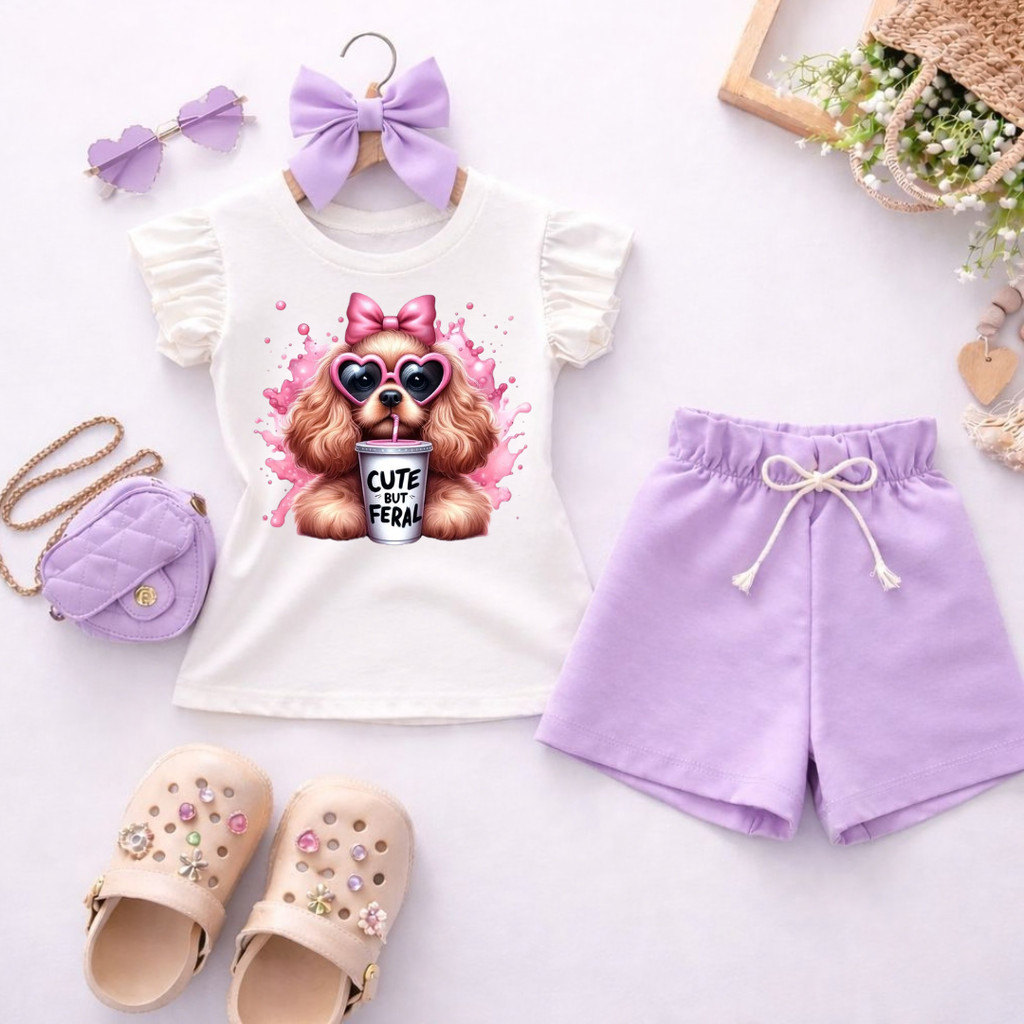 Conjunto Infantil Menina Blusa Branca com Babado Estampa Cachorrinho Cute + Short Lilás Roupa Infantil Fashion