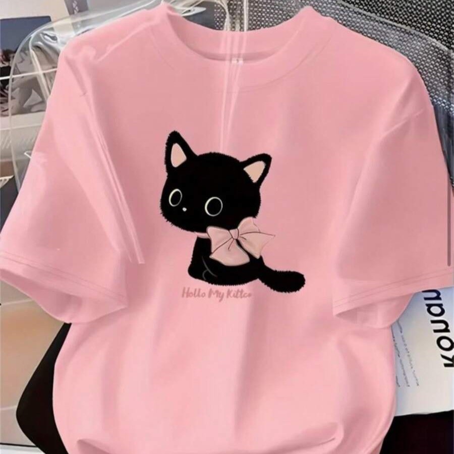 T-Shirt Feminina Algodão Premium Gata Com Laço Gola Redonda Blusa Look Casual Confortável Estampada Soltinha Manga Curta