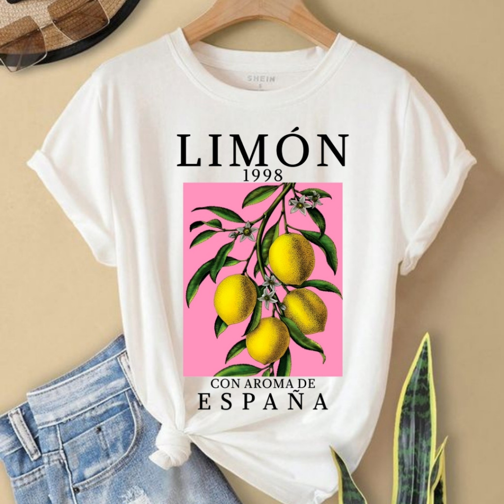 Camiseta Feminina T-shirt  Estampada Frutas Tropical Limon Espanha Camisa Farm Floral Algodão