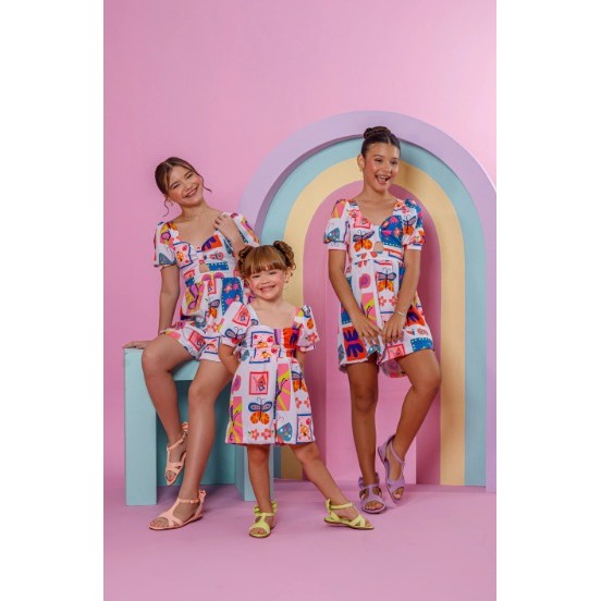 Macaquinho infantil e juvenil verão modelo laço, estampado flores, borboleta jardim tamanho 12