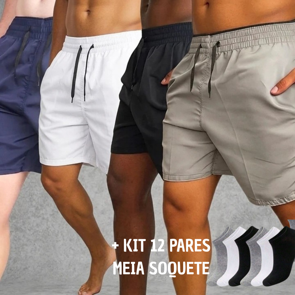 Kit Shorts Tactel Mauricinho + 12 Pares de Meias Masculino Bermuda Casual Praia Academia Com Bolso