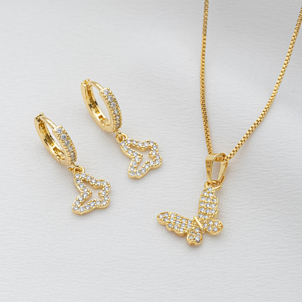 Conjunto Colar e Argolinha Borboleta Cravejada Banhada a Ouro 18K - D France Semijóias
