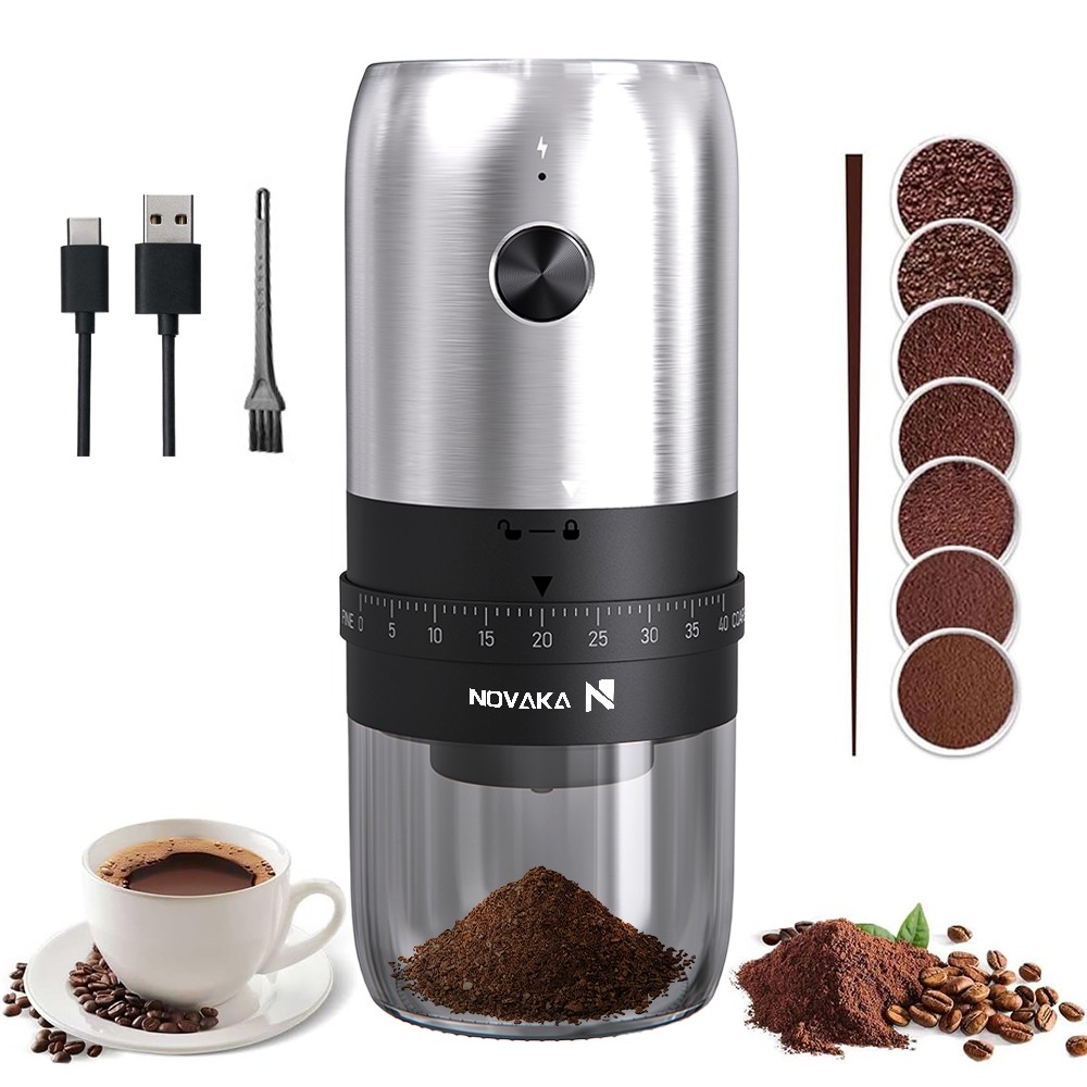 Molinho de Café Elétrico NOVAKA Portátil | Ajuste Externo 40 Níveis | Núcleo de Cerâmica | Bateria 1800mAh USB-C Lavável