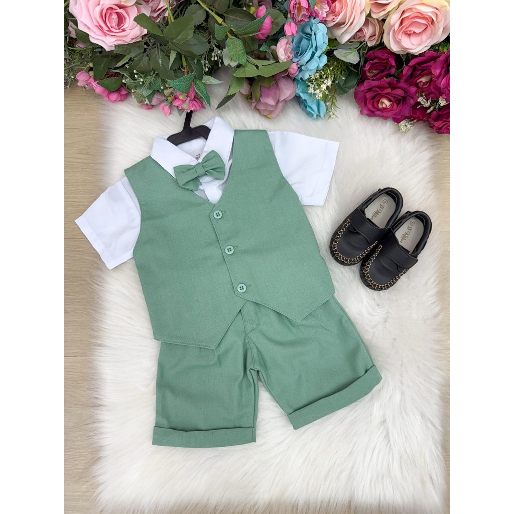 Conjunto Menino infantil Social colete shorts Leandro Verde/Batizado/Formatura/Noivinho/Pagem