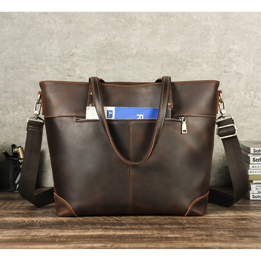 Bolsa Unissex De Couro Grande Com Vários Bolsos Para Laptop Mulheres E Homens De 14.2'Genuíno Fecho De Zíper