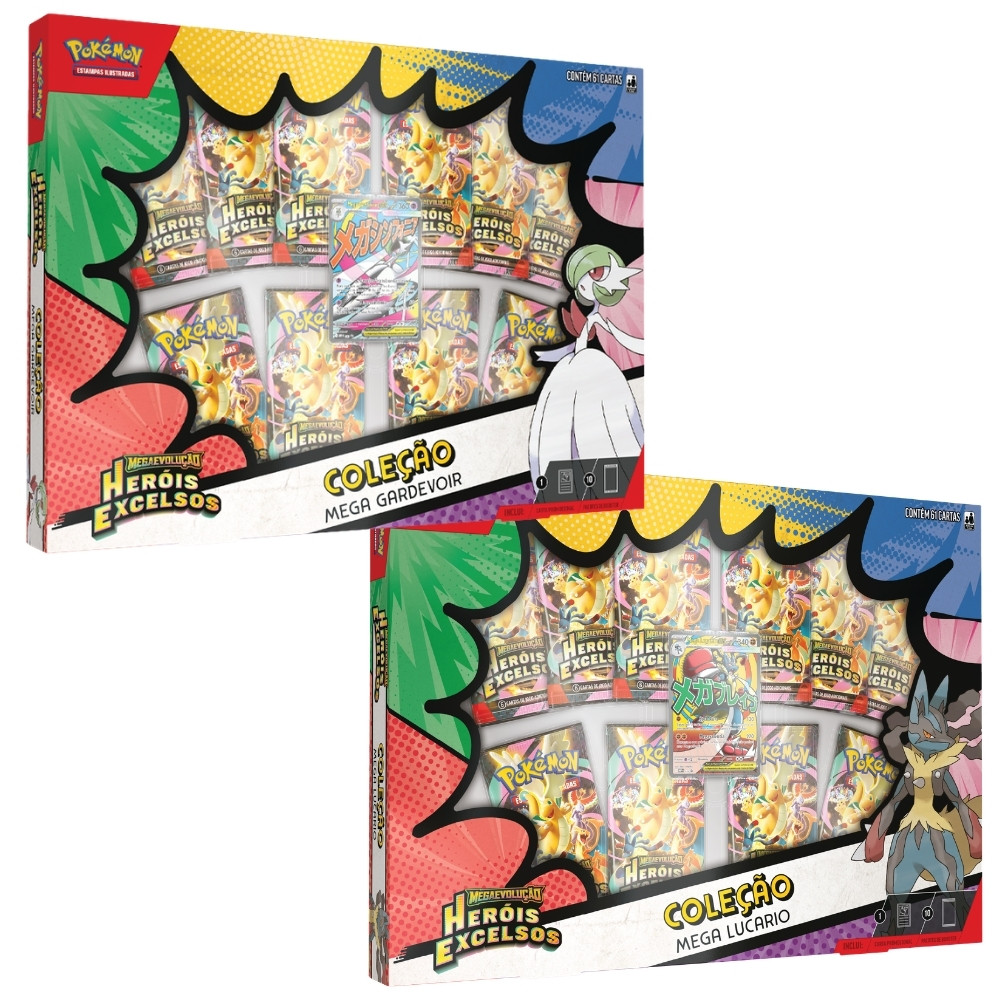 BOX POKÉMON COLEÇÃO MEGA GARDEVOIR LUCARIO EX COPAG EVOLUÇÃO ME2.5 TCG CARTA BOOSTER HERÓIS EXCELSOS