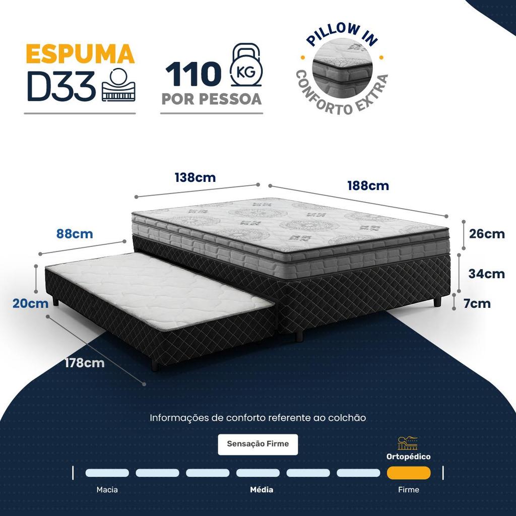 Box + Colchão Espuma D33 Pillow In DAngelis Ortosleep + Auxiliar de Espuma D28 Positanno Casal 138cm — imagem 2 de 2