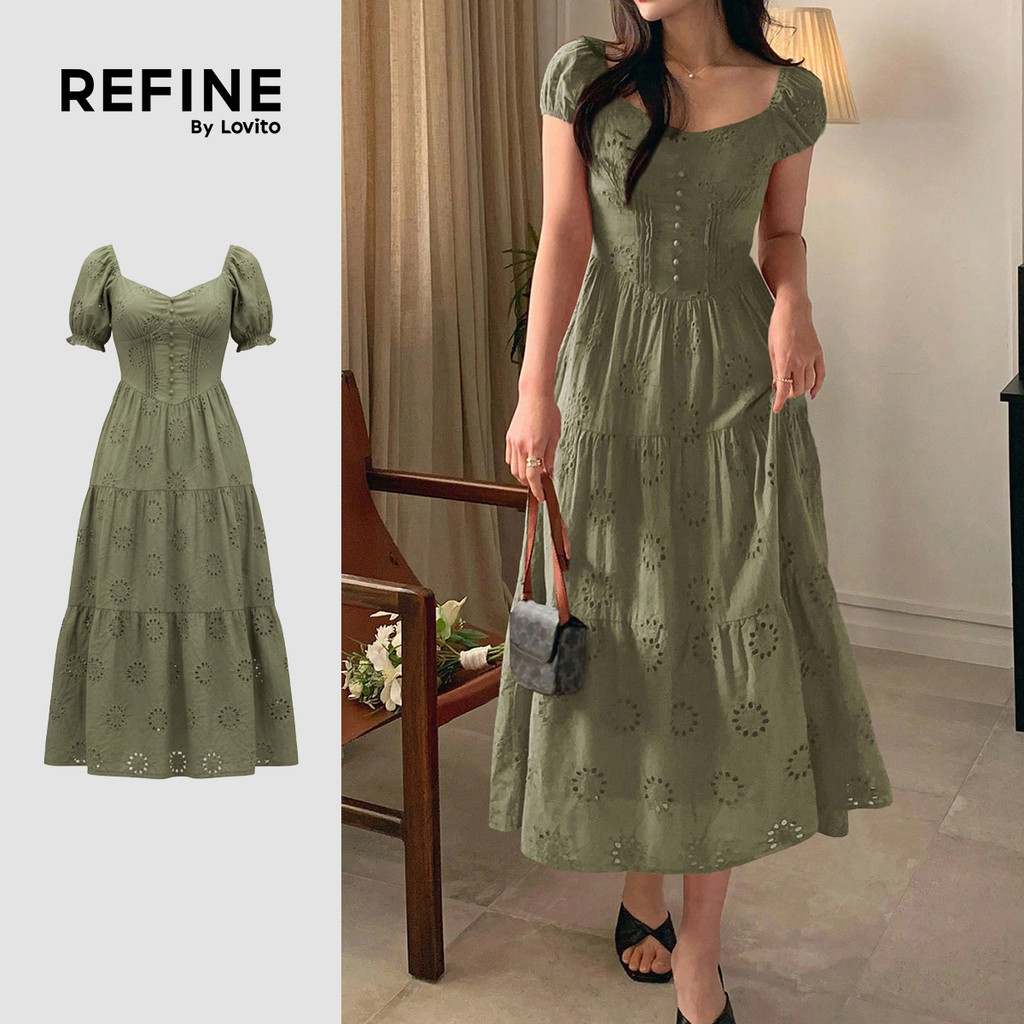 (Refine by Lovito) Vestido Elegante com Recorte e Zíper Verde Primavera/verão para mulheres LR35L024 em Oferta na Shopee