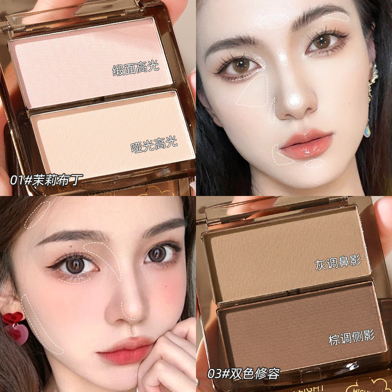 Paleta de Contorno e Iluminador Bicolor - Paleta Tudo-em-Um com Iluminador Matte, Contorno para o Nariz e Blush para as