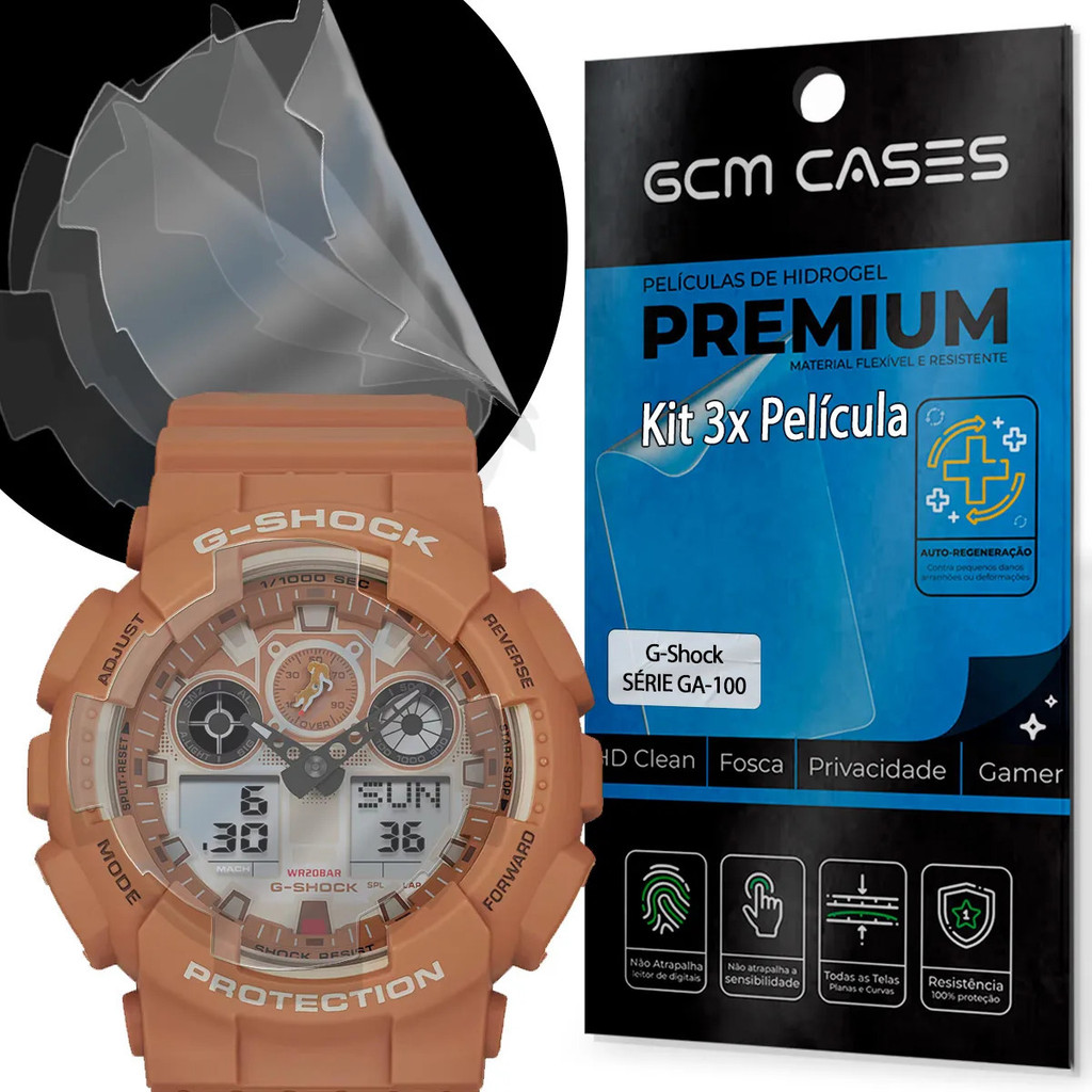 Combo 3 Películas Para G-shock Ga-100 Series Hidrogel Flexível Proteção Anti Riscos e Amarelamento