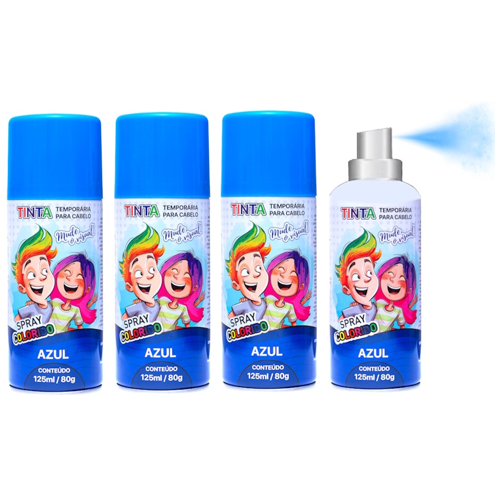 Kit 4 Tintas Azul de Cabelo Temporária Spray lavável Cabelo Maluco Festas Carnaval
