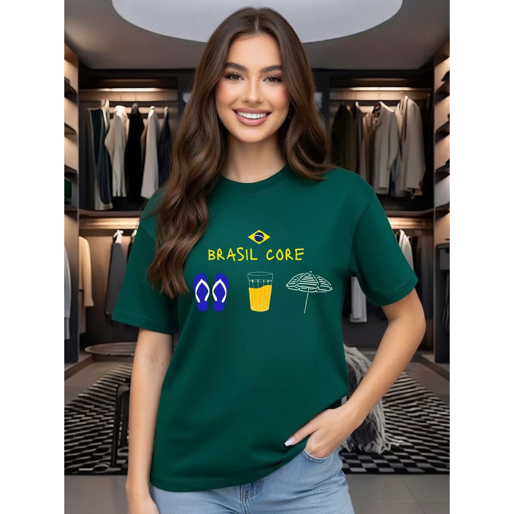 Camiseta Feminina Brasil Core Estilo Oversized Camisa 100% Algodão Para Copa do Mundo