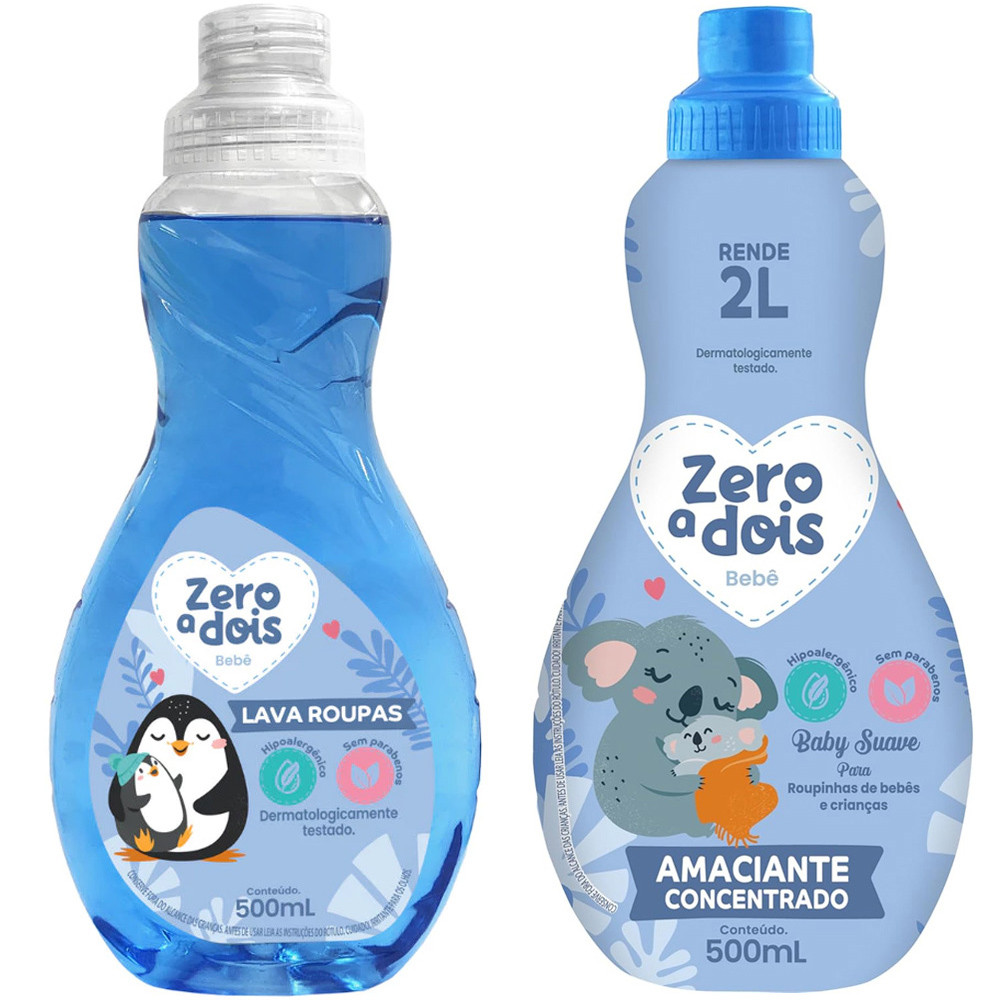 Kit Sabão Líquido E Amaciante Suave Antialérgico Lava Roupas de Bebês Hipoalergênico Zero a Dois 500ml