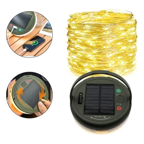 Cordão De Luz Led Solar 10m 5 Modos Branco Quente Rgb Recarregável