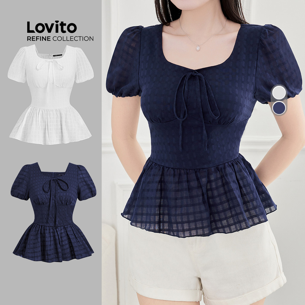 (Lovito Refine) Blusa Casual de Renda com Laço de Primavera/verão Azul-marinho para Mulheres LR18E050