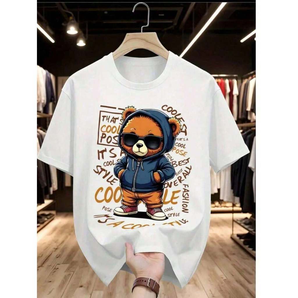 Camisa masculina estampada Urso Frases manga curta gola redonda estampada 100% algodão verão confortável
