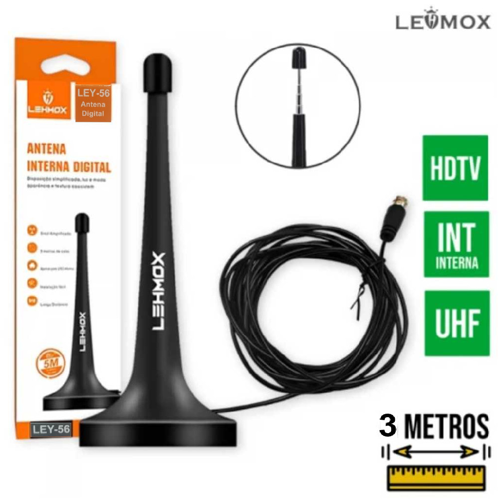 Antena Digital Interna Amplificada HDTV/UHF/VHF Cabo 3m Base Imã ISDB - LEY-56